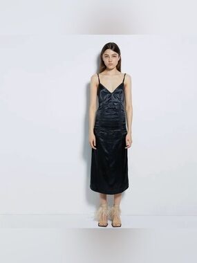 Helmut Lang Ruched Satin Cami Midi Slip Dress Black NWT